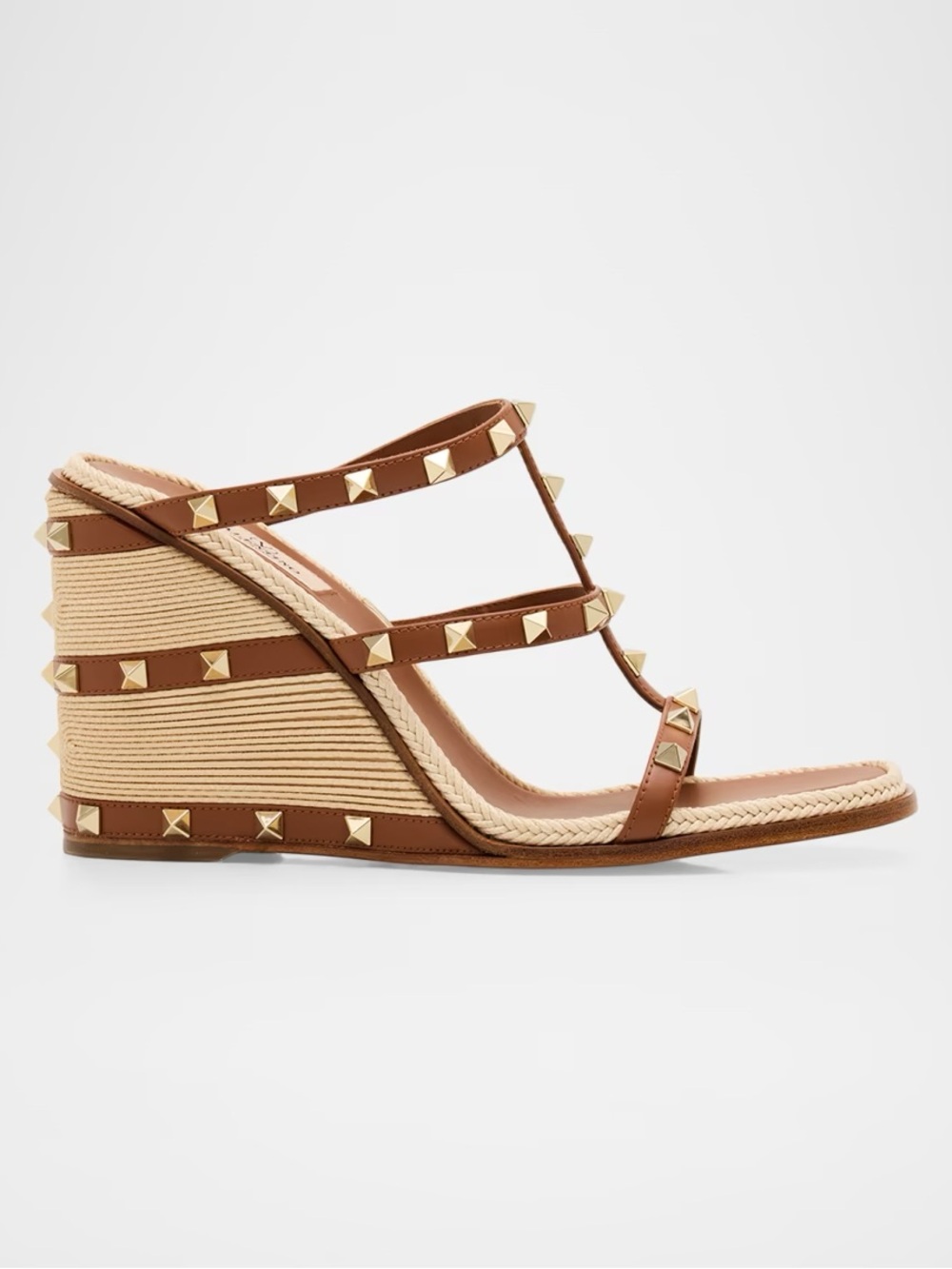 Valentino Brown 100mm Rockstud Espadrille Leather Wedge Sandals with Gold Studs